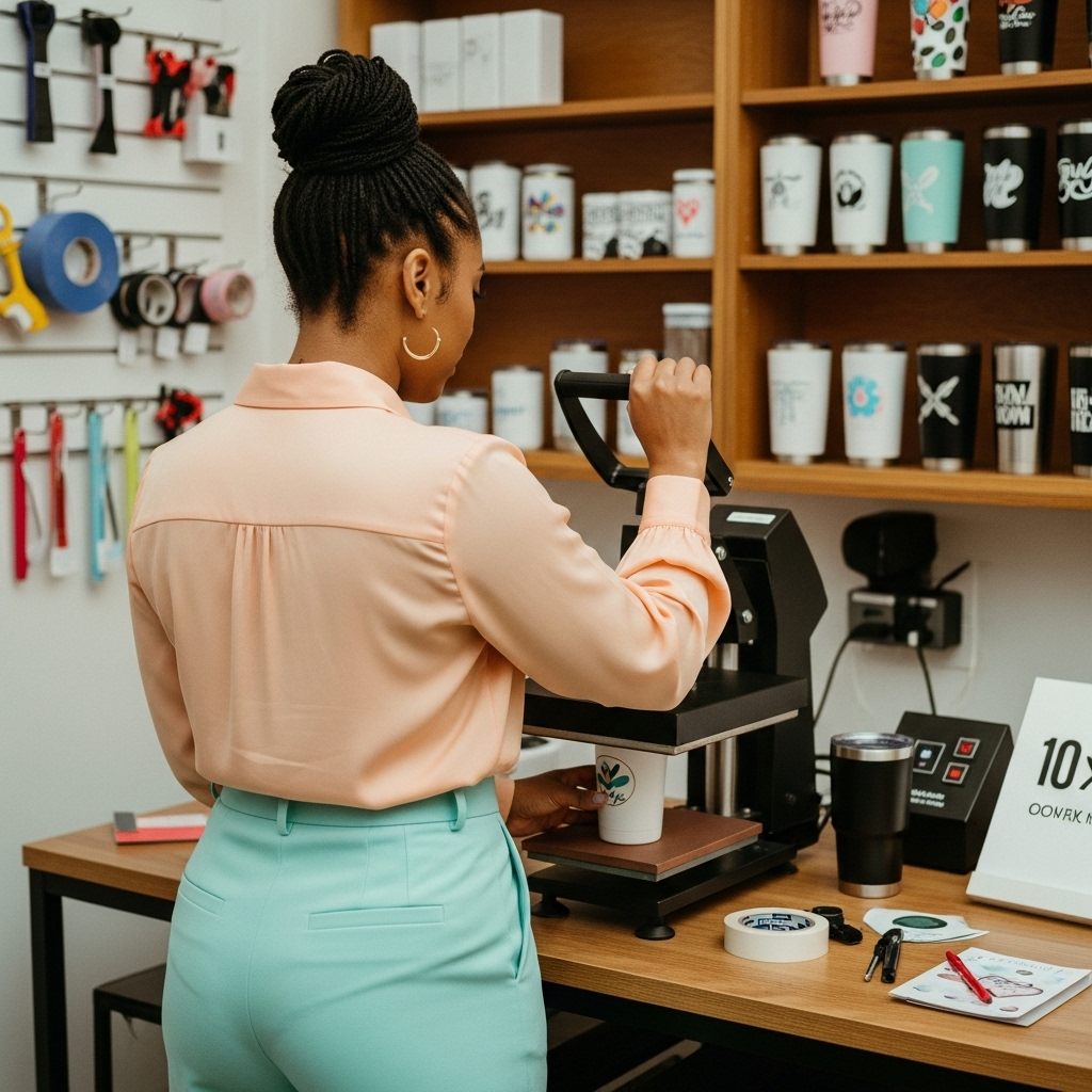 Aleshia McDaniel working on a mug press